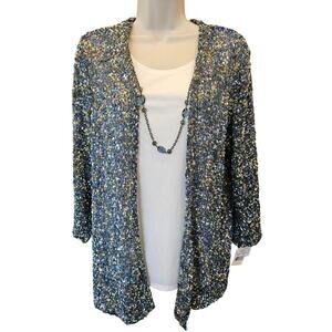 NWT Alfred Dunner Cardigan faux set Blue White slinky Sweater w/ necklace M
